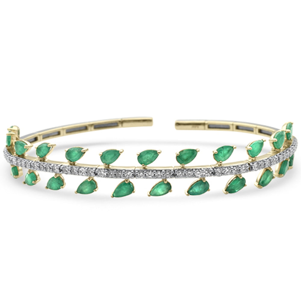 SPECIAL! 5.83ct G SI 14K Yellow Gold Diamond & Pear Shape Emerald Gemstones Bangle Bracelet 59mm