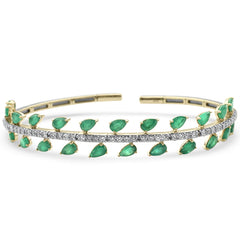 SPECIAL! 5.83ct G SI 14K Yellow Gold Diamond & Pear Shape Emerald Gemstones Bangle Bracelet 59mm
