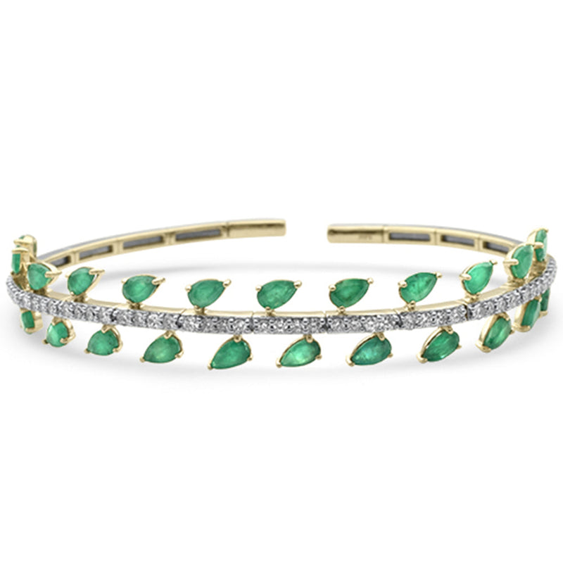 SPECIAL! 5.83ct G SI 14K Yellow Gold Diamond & Pear Shape Emerald Gemstones Bangle Bracelet 59mm