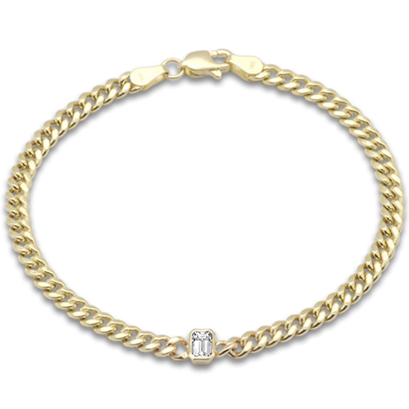 SPECIAL! .30ct G SI 14K Yellow Gold Emerald Cut Diamond Cuban Bracelet 7" Long