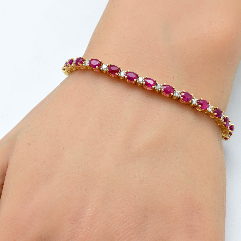 SPECIAL! 6.91ct G SI 14K Yellow Gold Oval Diamond & Ruby Gemstone Bracelet 7" Long