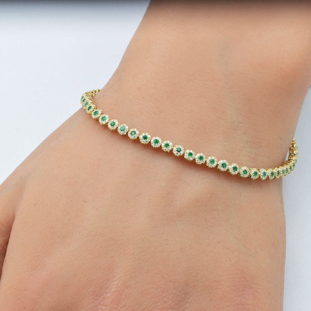 SPECIAL! 1.55ct G SI 14K Yellow Gold Diamond & Emerald Gemstone Bracelet 7.25" Long