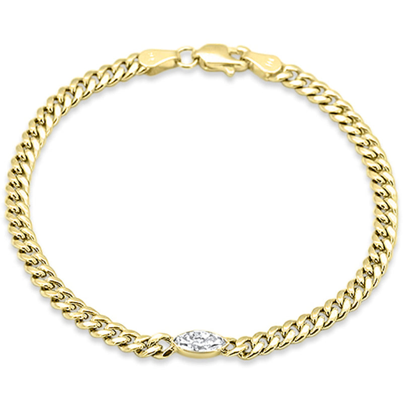 SPECIAL! .51cs G SI 14K Yellow Gold Diamond Marquee Shape Cuban Chain Bracelet 7" Long