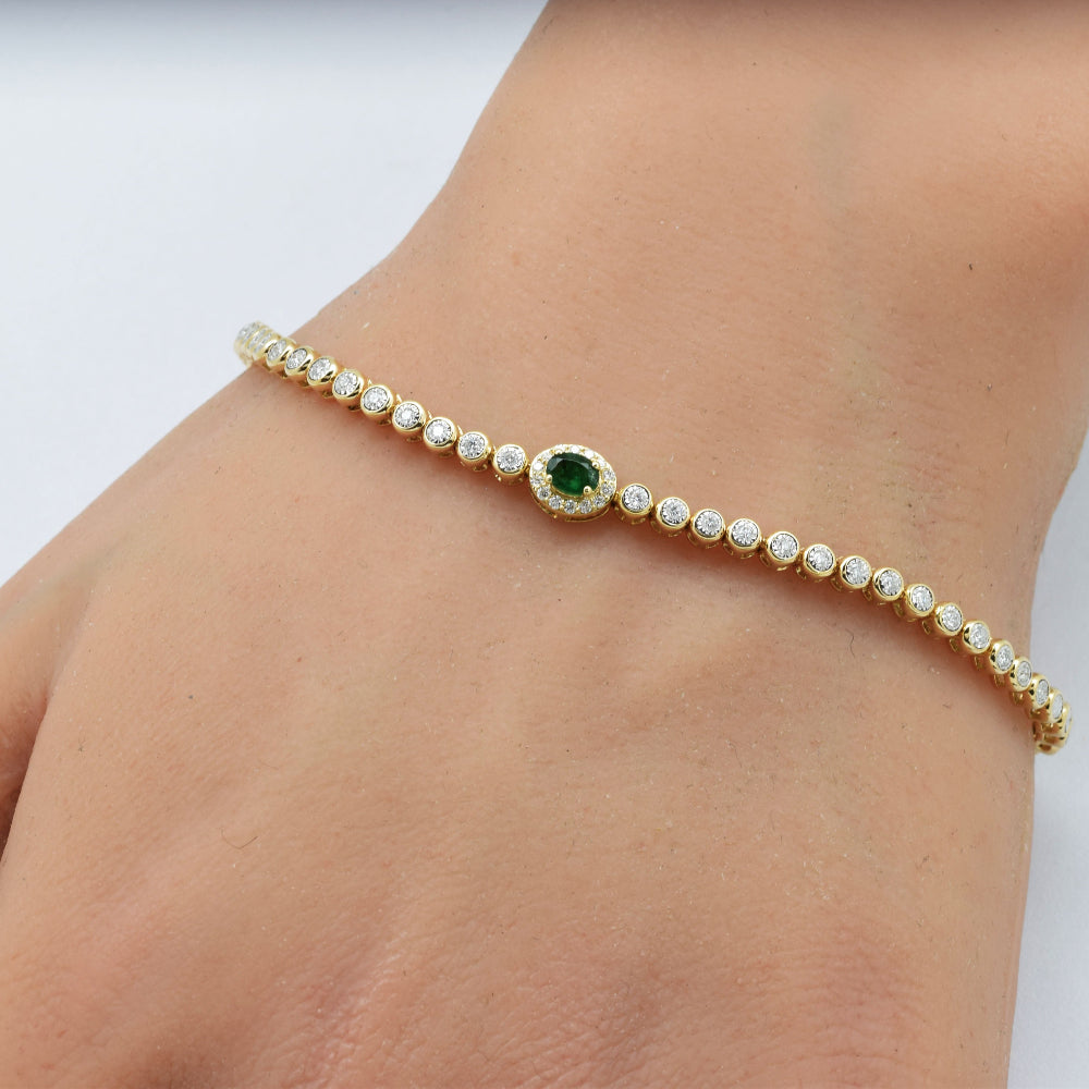 SPECIAL! .43ct G SI 14K Yellow Gold Round Diamond & Emerald Gemstone Bracelet 7"