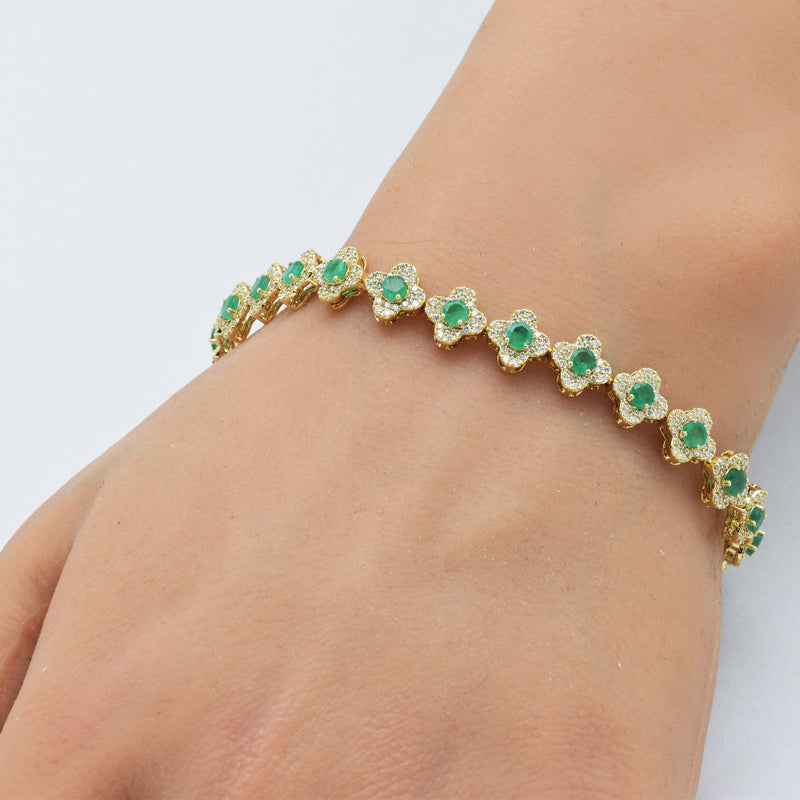SPECIAL! 4.36ct G SI 14K Yellow Gold Round Diamond & Emerald Gemstone Clover Bracelet 7"