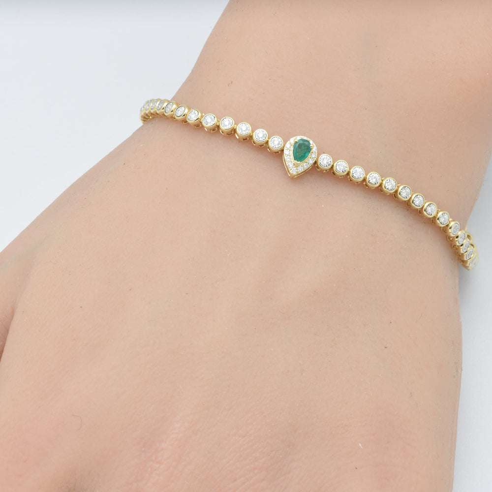 SPECIAL! .42ct G SI 14K Yellow Gold Round Diamond & Pear Shape Emerald Gemstone Bracelet 7"