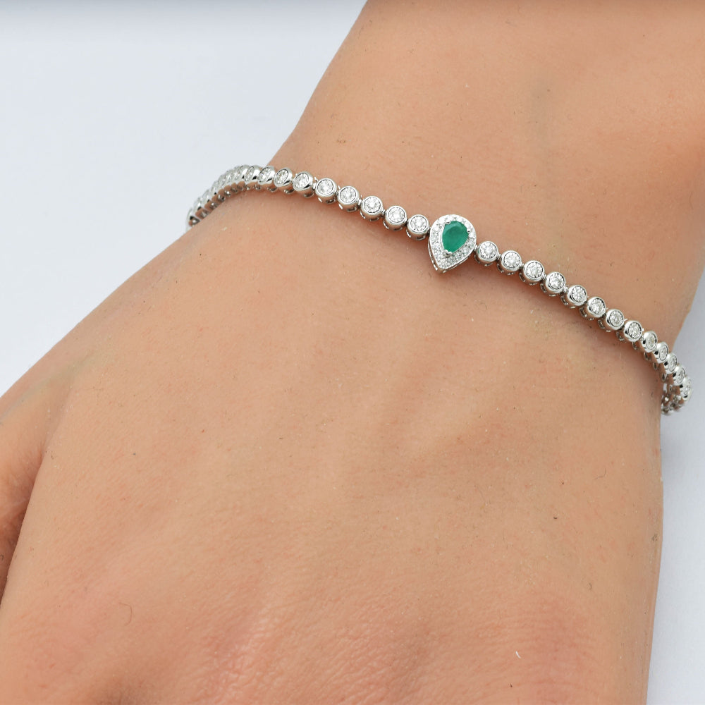 SPECIAL! .45ct G SI 14K White Gold Round Diamond & Pear Shape Emerald Gemstone Bracelet 7"
