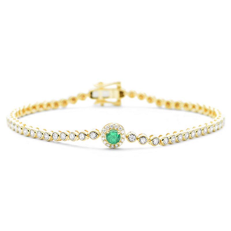 SPECIAL! .58ct G SI 14K Yellow Gold Round Diamond & Emerald Gemstone Bracelet 7"