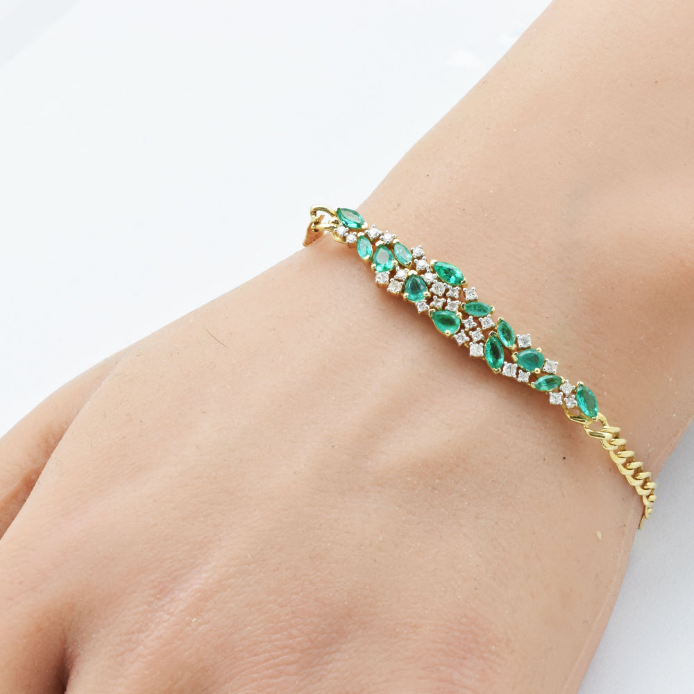 SPECIAL!1.76ct G SI 14K Yellow Gold Diamond & Emerald Gemstone Bracelet 7" Long