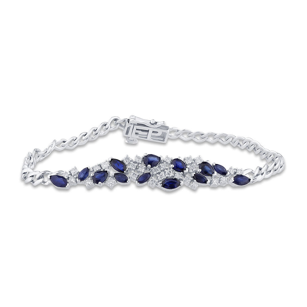 SPECIAL! 2.39ct G SI 14K White Gold Diamond Pear & Marquise Blue Sapphire Cuban Bracelet 7" Long