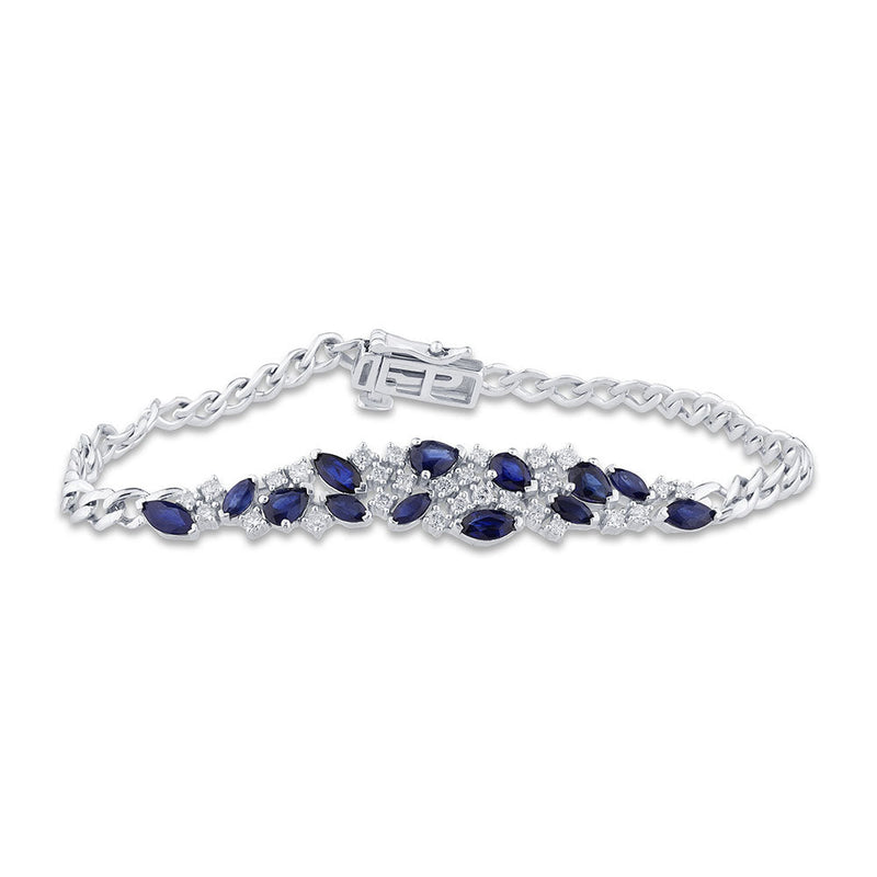 SPECIAL! 2.39ct G SI 14K White Gold Diamond Pear & Marquise Blue Sapphire Cuban Bracelet 7" Long