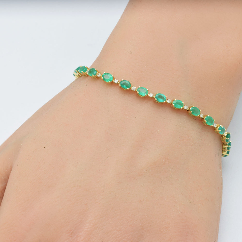 SPECIAL!5.12ct G SI 14K Yellow Gold Diamond & Emerald Gemstone Bracelet 8" Long