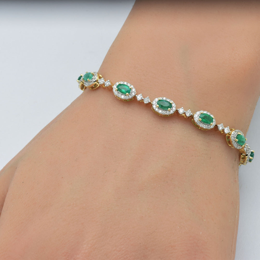 SPECIAL!4.92ct G SI 14K Yellow Gold Diamond & Emerald Gemstone Bracelet 7" Long