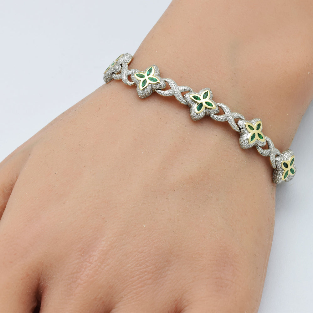 SPECIAL!4.35ct G SI 14K Yellow Gold Diamond & Emerald Gemstone Clover Infinity Bracelet 8" Long