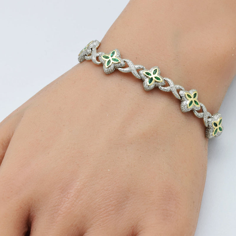 SPECIAL!4.35ct G SI 14K Yellow Gold Diamond & Emerald Gemstone Clover Infinity Bracelet 8" Long