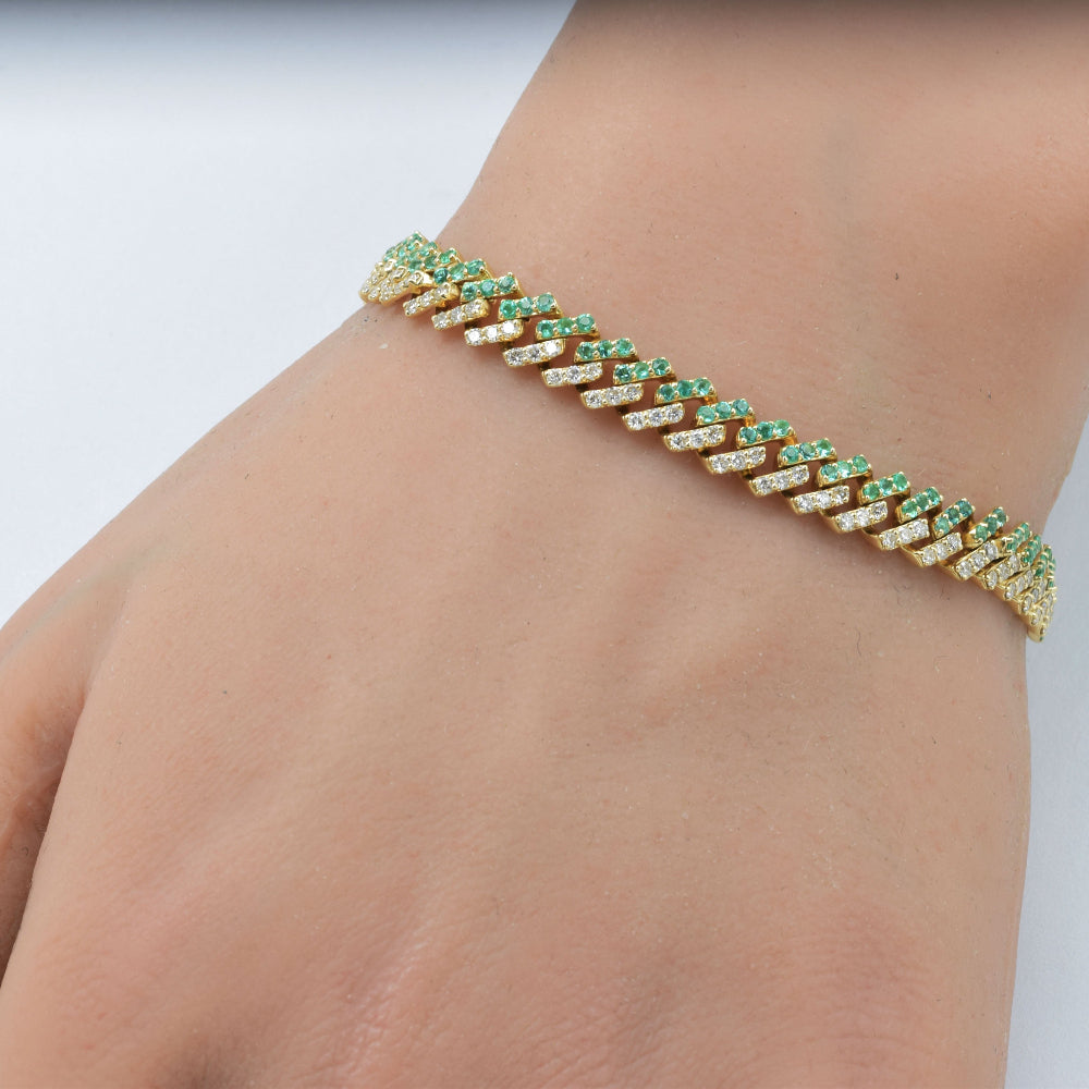 SPECIAL!3.48ct G SI 14K Yellow Gold 7mm Square Cuban Diamond & Emerald Gemstone Bracelet 7" Long