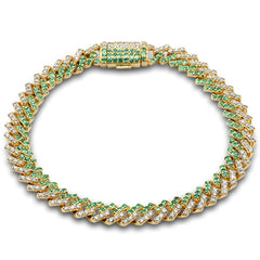 SPECIAL!3.48ct G SI 14K Yellow Gold 7mm Square Cuban Diamond & Emerald Gemstone Bracelet 7" Long