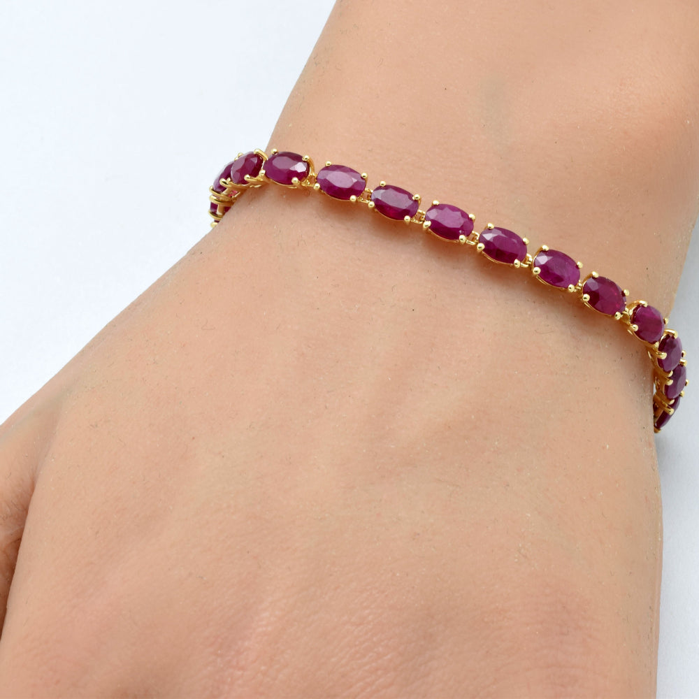 SPECIAL!15.43ct G SI 14K Yellow Gold Oval Shape Ruby Gemstone Tennis Bracelet 7" Long