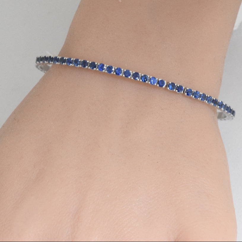 SPECIAL!2.54ct G SI 14K White Gold Blue Sapphire Gemstone Flexible Bangle Bracelet 7" Long