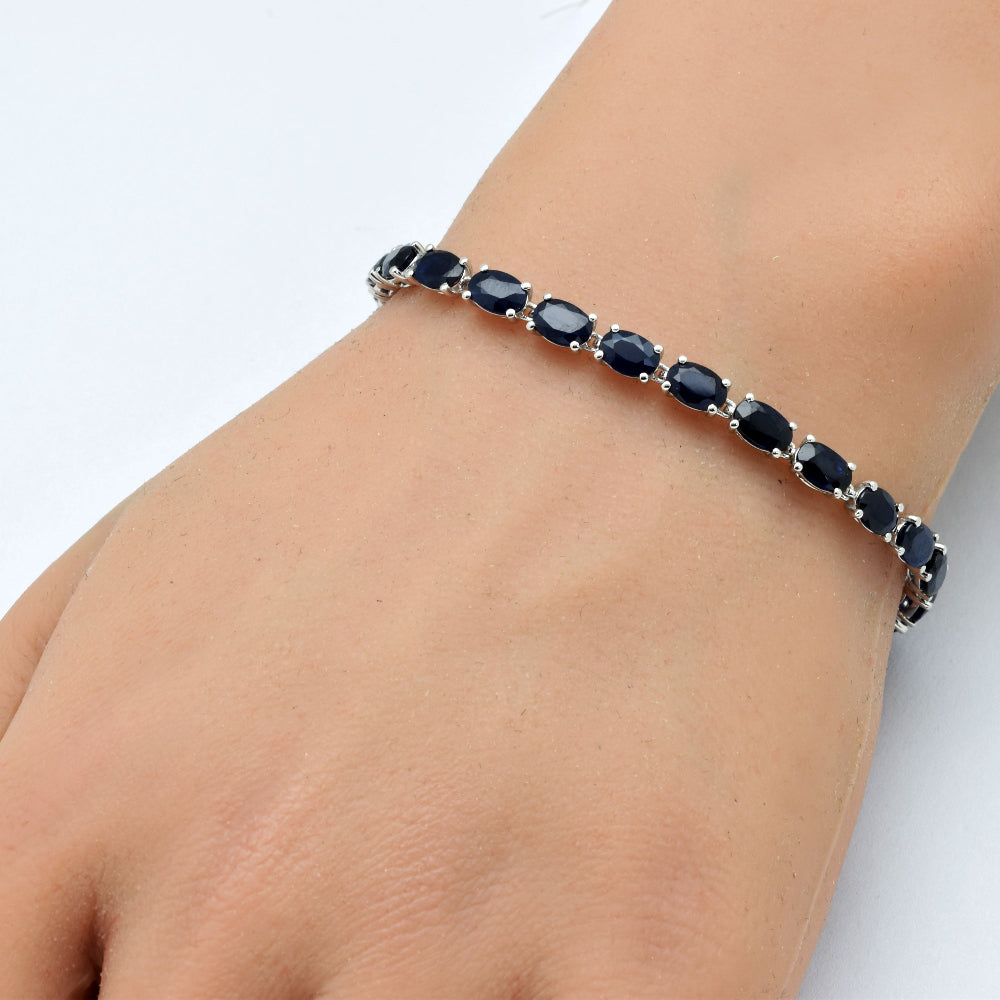 SPECIAL!14.26ct G SI 14K White Gold Oval Shape Blue Sapphire Gemstone Tennis Bracelet 7" Long