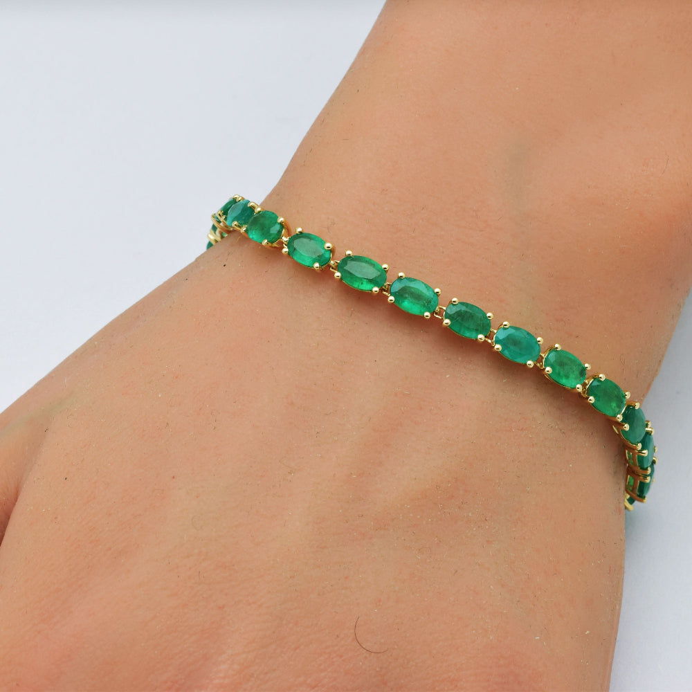 SPECIAL!10.69ct G SI 14K Yellow Gold Oval Shape Emerald Gemstone Tennis Bracelet 7" Long