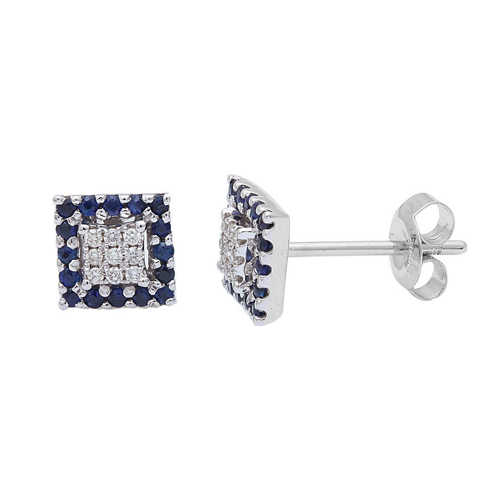 GEMSTONE CLOSEOUT ! .30ct Princess Cut Diamond & Blue Sapphire Stud Earrings 14kt White Gold