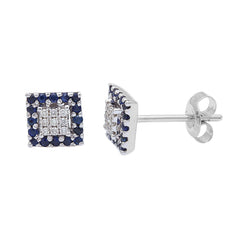 GEMSTONE CLOSEOUT ! .30ct Princess Cut Diamond & Blue Sapphire Stud Earrings 14kt White Gold