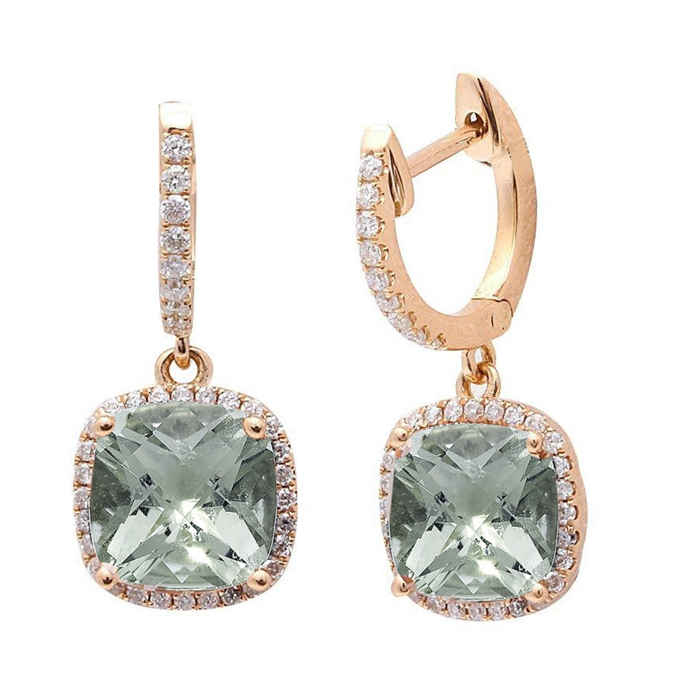 GEMSTONE CLOSEOUT!  3.11cts Cushion Cut Green Amethyst Gemstone & Diamond 14k Yellow Gold Earrings