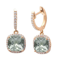 GEMSTONE CLOSEOUT!  3.11cts Cushion Cut Green Amethyst Gemstone & Diamond 14k Yellow Gold Earrings
