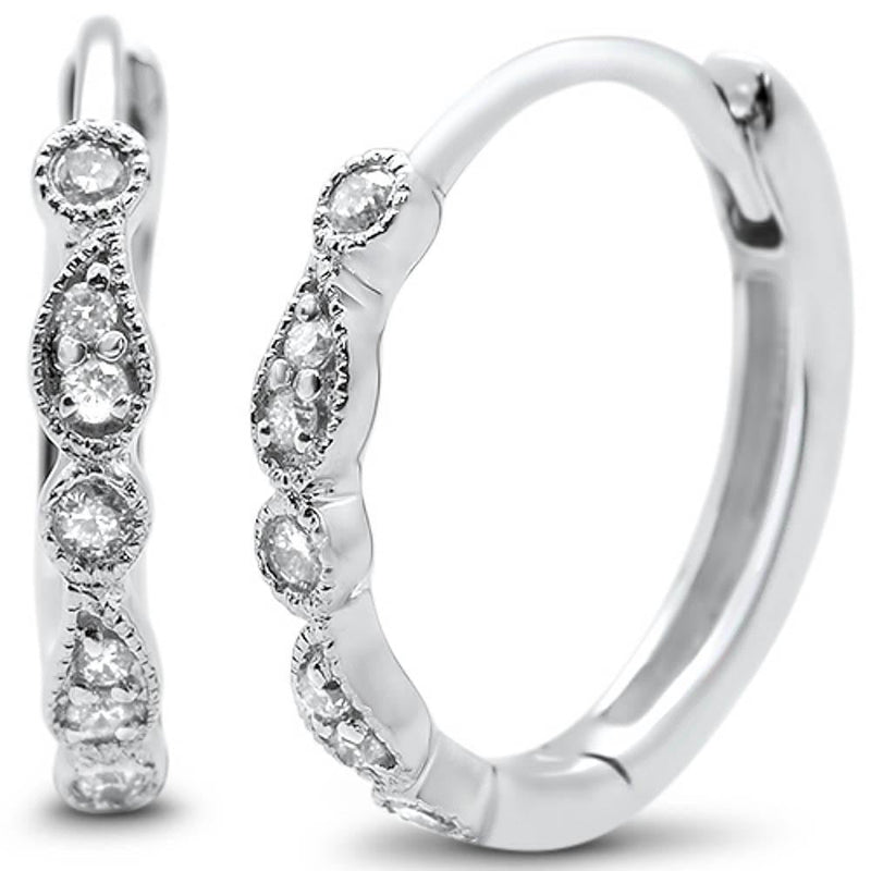 DIAMOND CLOSEOUT! .13ct G SI 14k White Gold Antique Style Hoop Huggie Diamond Earrings