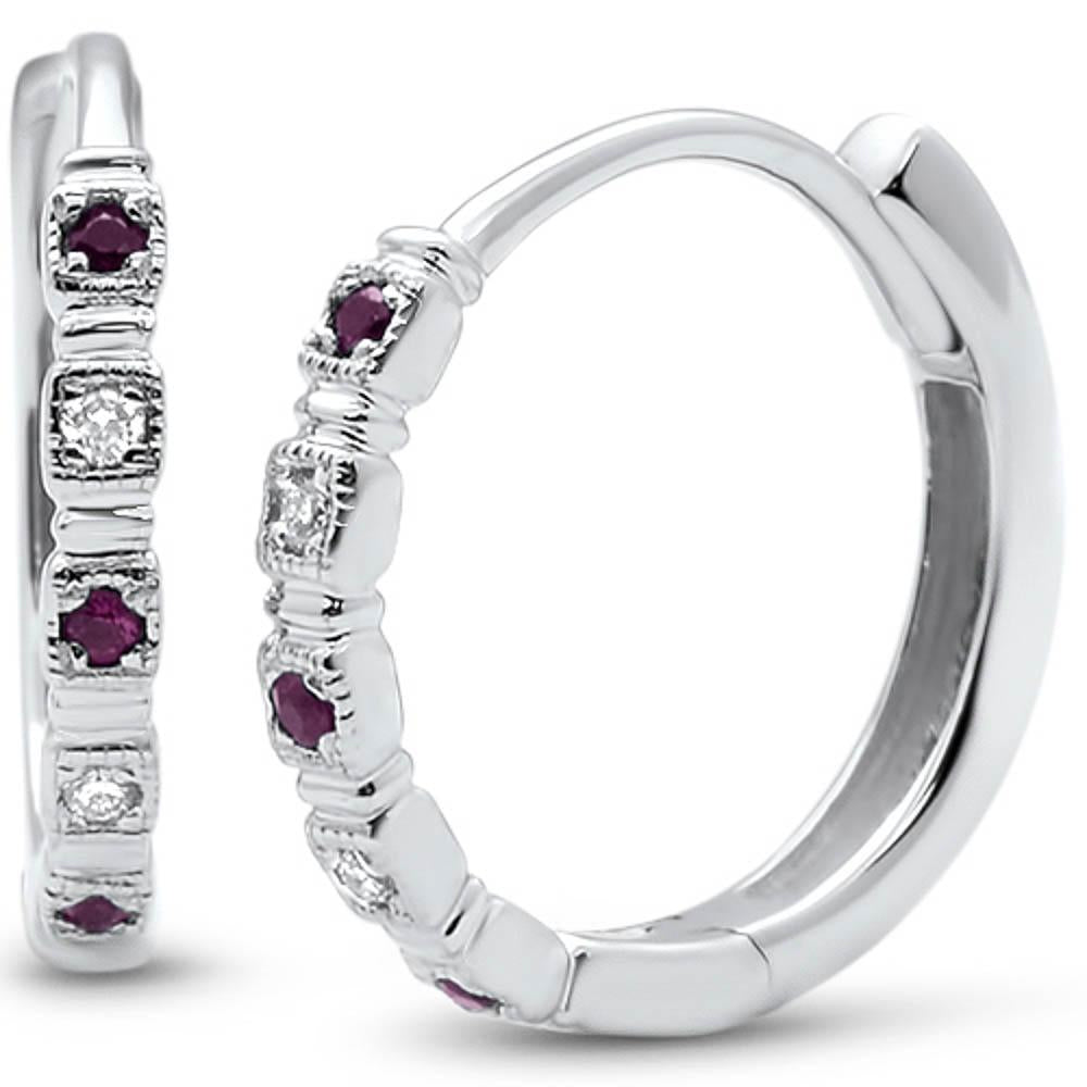 GEMSTONE CLOSEOUT ! .10ct G SI 14k White Gold Diamond & Ruby Hoop Huggie Earrings
