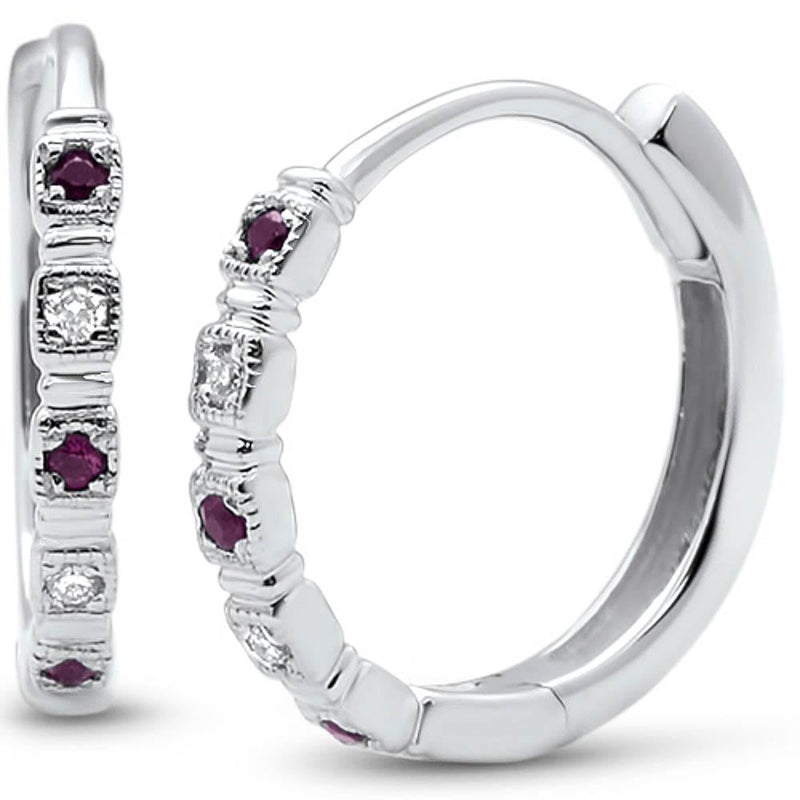 GEMSTONE CLOSEOUT ! .10ct G SI 14k White Gold Diamond & Ruby Hoop Huggie Earrings