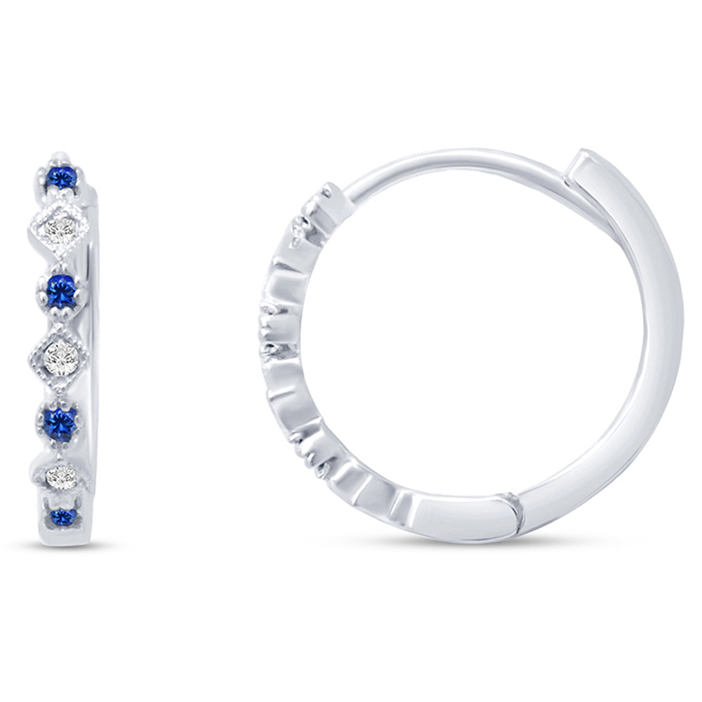 GEMSTONE CLOSEOUT ! .15ct G SI 14k White Gold Diamond & Blue Sapphire Hoop Huggie Earrings