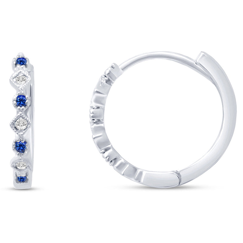 GEMSTONE CLOSEOUT ! .15ct G SI 14k White Gold Diamond & Blue Sapphire Hoop Huggie Earrings