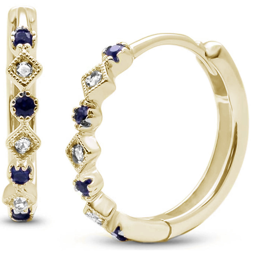 SPECIAL!.16ct 14K Yellow Gold Blue Sapphire & Diamond Hoop Huggie Earrings