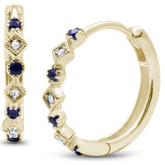 SPECIAL!.16ct 14K Yellow Gold Blue Sapphire & Diamond Hoop Huggie Earrings