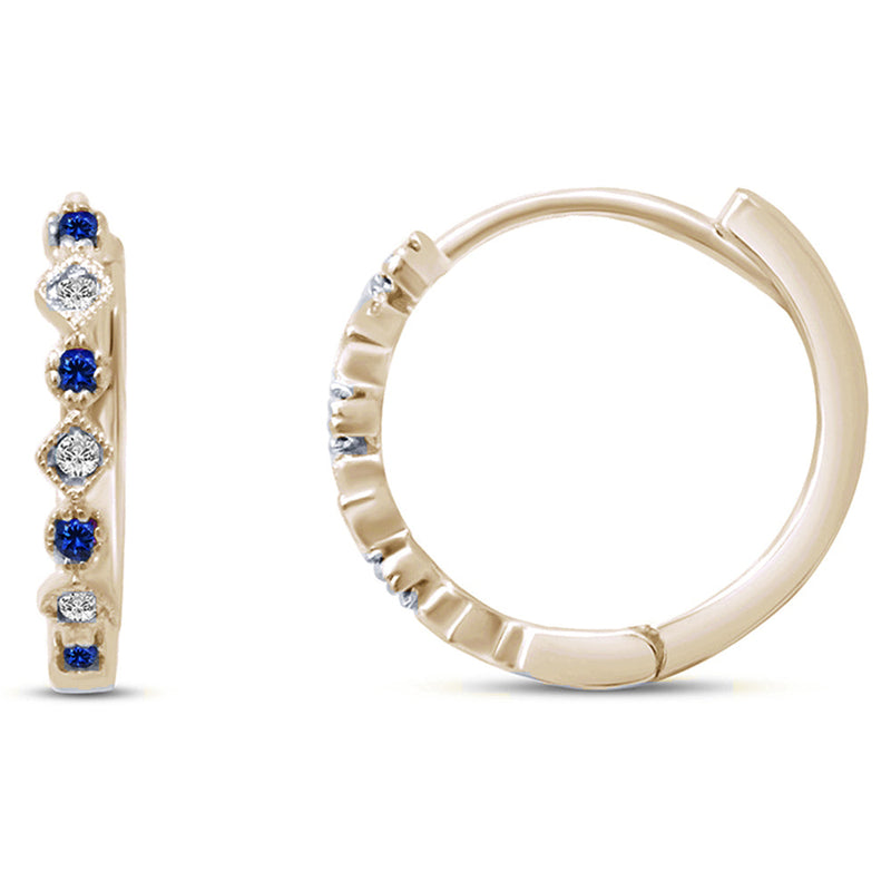 SPECIAL!.16ct 14K Yellow Gold Blue Sapphire & Diamond Hoop Huggie Earrings