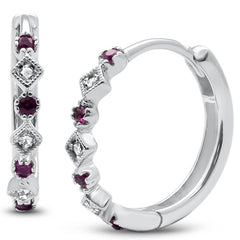 GEMSTONE CLOSEOUT ! .15ct G SI 14k White Gold Diamond & Ruby Hoop Huggie Antique Style Earrings