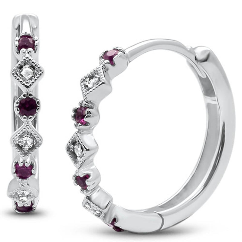 GEMSTONE CLOSEOUT ! .15ct G SI 14k White Gold Diamond & Ruby Hoop Huggie Antique Style Earrings