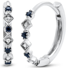 DIAMOND CLOSEOUT! GEMSTONE CLOSEOUT!  .16ct G SI 14k White Gold Diamond & Blue Sapphire Hoop Huggie Antique Earrings