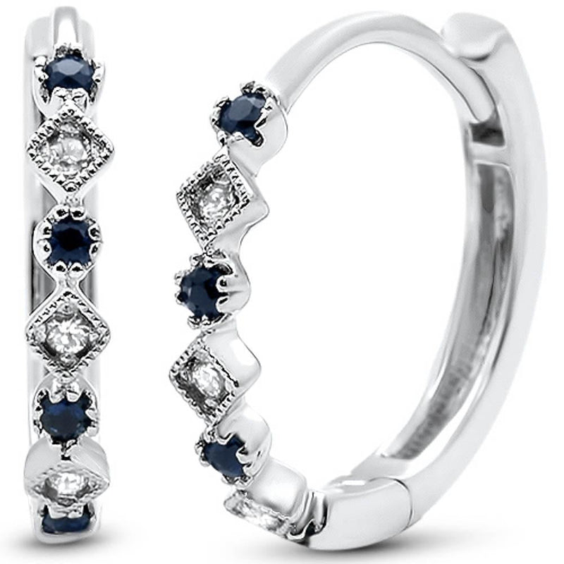DIAMOND CLOSEOUT! GEMSTONE CLOSEOUT!  .16ct G SI 14k White Gold Diamond & Blue Sapphire Hoop Huggie Antique Earrings