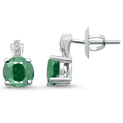 GEMSTONE CLOSEOUT ! .82ct 10K White Gold Round Emerald & Diamond Earrings