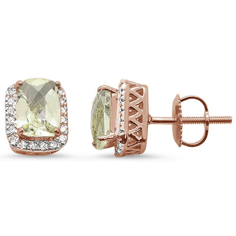 GEMSTONE CLOSEOUT ! 2.2ct 10k Rose Gold Cushion Green Amethyst & Diamond Earrings
