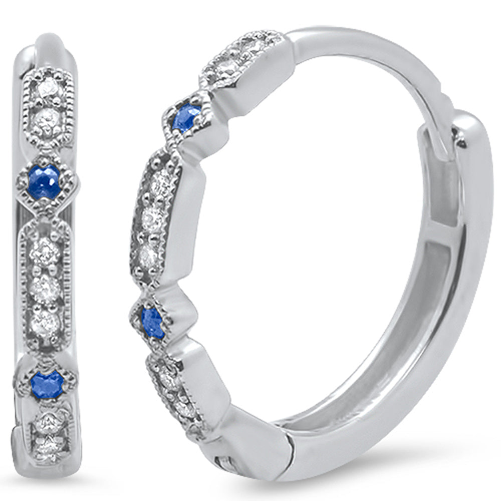 GEMSTONE CLOSEOUT ! .21ct 14k White Gold Blue Sapphire & Diamond Hoop Antique Earrings