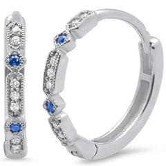 GEMSTONE CLOSEOUT ! .21ct 14k White Gold Blue Sapphire & Diamond Hoop Antique Earrings