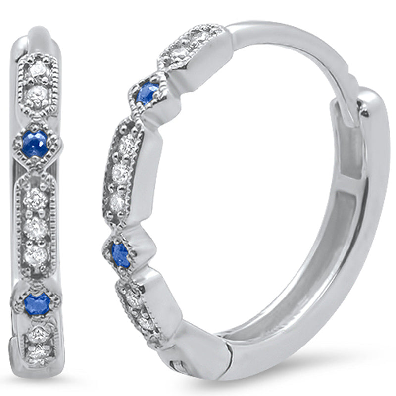 GEMSTONE CLOSEOUT ! .21ct 14k White Gold Blue Sapphire & Diamond Hoop Antique Earrings