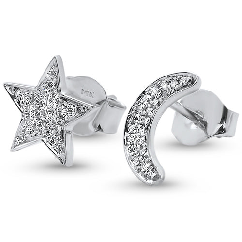 DIAMOND CLOSEOUT! .12ct 14kt White Gold Diamond Crescent Moon & Star Stud Earrings