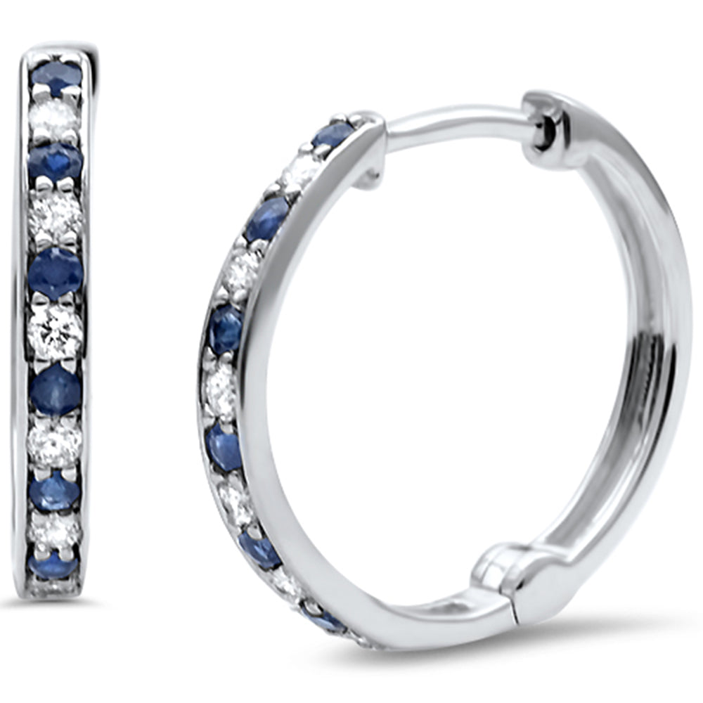 .31ct G SI 14K White Gold Blue Sapphire & Round Diamond Hoop Huggie Earrings
