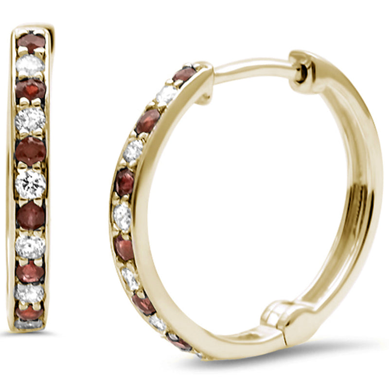 .33ct G SI 14K Yellow Gold Ruby & Round Diamond Hoop Huggie Earrings