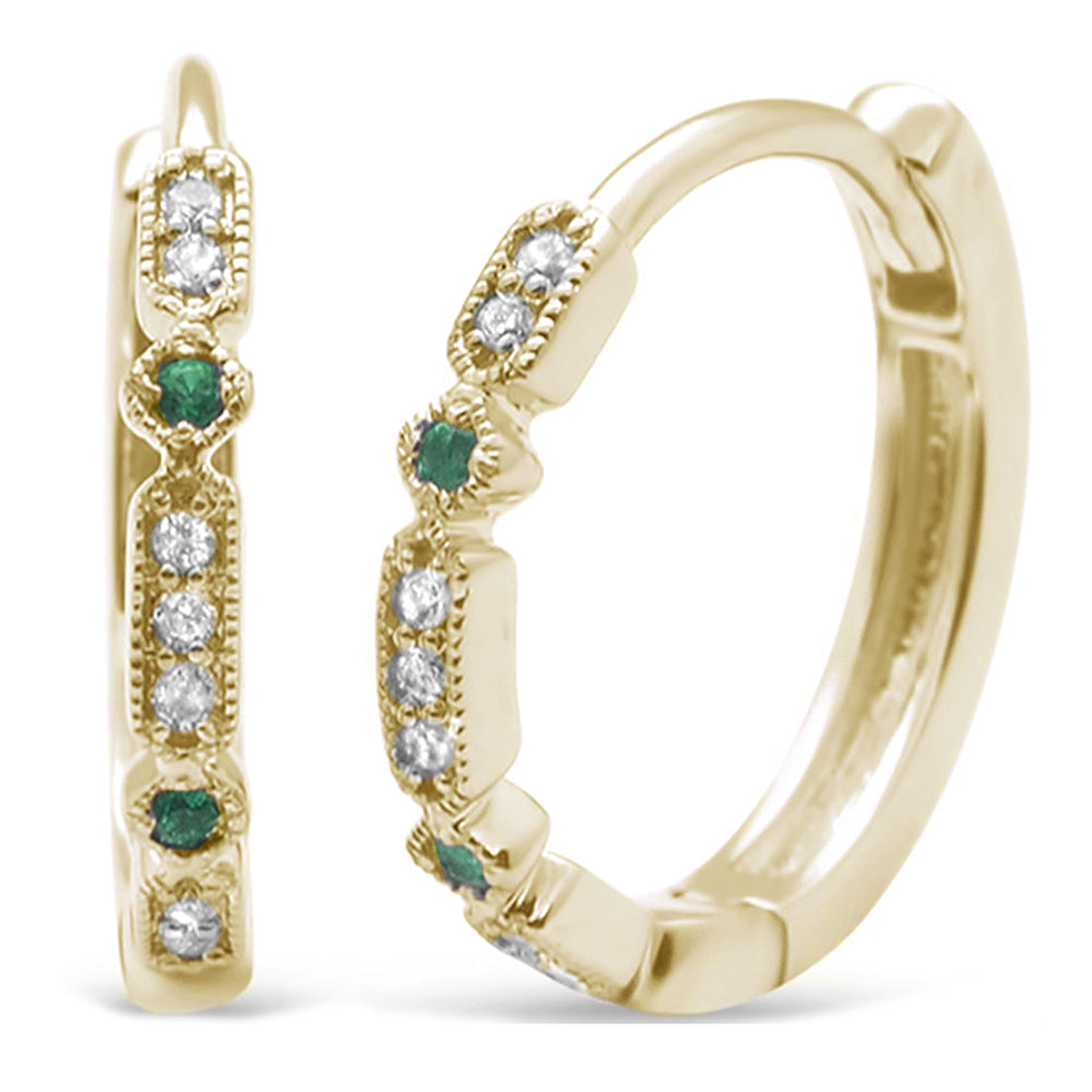 GEMSTONE CLOSEOUT!  .10ct G SI 14KT Yellow Gold Diamond & Emerald Hoop Huggie Earrings